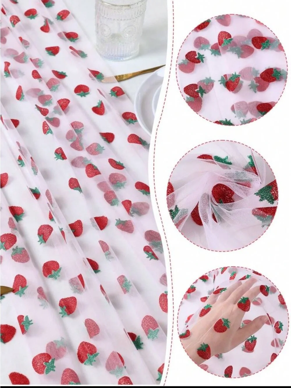 4 Strawberry Print Sparkly Tulle Table Runner